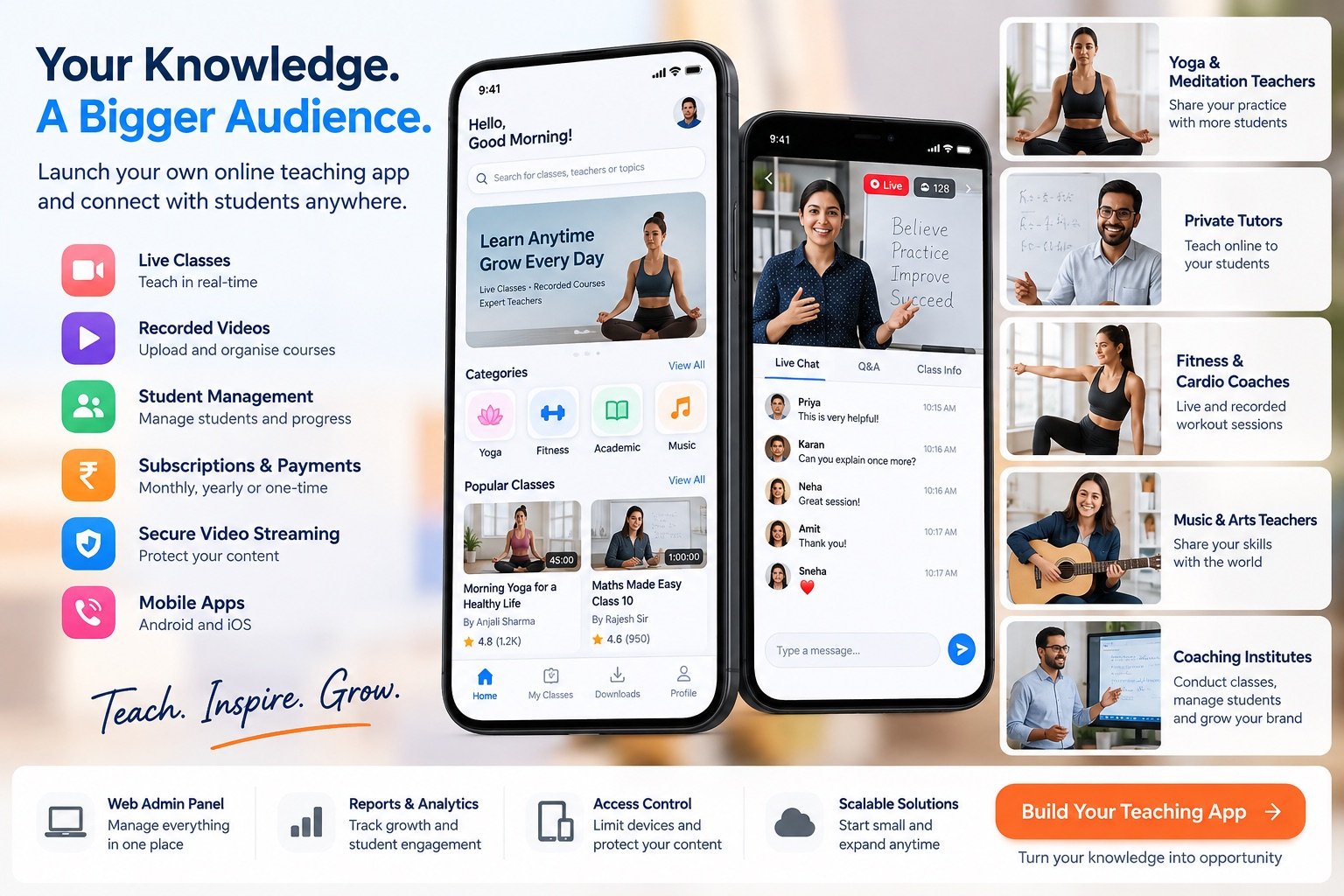 TechEin online learning app for yoga and meditation instructors, tutors, fitness coaches and coaching institutes — student app with live classes, recorded courses, live chat, and teacher dashboard